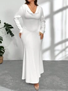 SHEIN Privé Plus Size White Solid Color Bodycon Fish Tail Dress, Elegant Sexy Deep Draped Neck Long Sleeve Tunic Dress, Suitable For Date, Vacation, Spring/Autumn