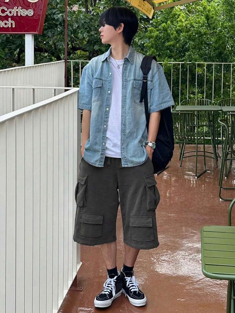 Summer Solid Color Cargo Pockets Design Grey Men's Shorts