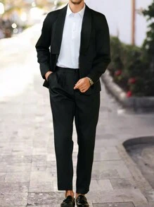 Calvornis Men's Solid Color Jacket And Pants Suit Set - Black - View 5