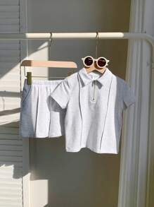 SHEIN 2pcs/Set Young Boys Casual Loose Knit Solid Color Polo Shirt And Shorts Set, Suitable For Kids Outfits, Back To School, Parties, Events, Weddings, Baptisms, Daily Wear, Sports, Spring/Summer - Grey - View 4