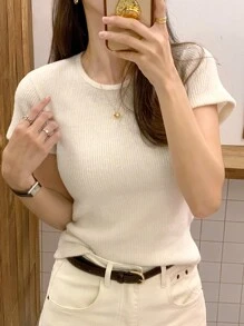DAZY Áo thun nữ cổ tròn tay ngắn bó sát màu trơn, màu mơ, xuân/hè, trang phục công sở thường ngày cho nữ, áo crop top cho nữ - Màu be - Xem 4