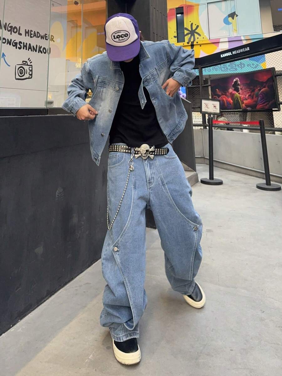 Manfinity EMRG Men's Front Button Long Sleeve Simple Top And Denim Pants 2 Pieces Suit Set - Blue - View 1