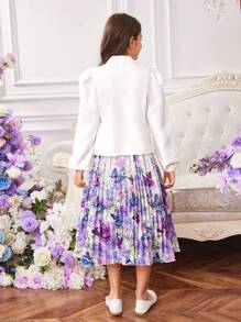 2pcs/Set Tween Girls Ruffle Bow Tie Blouse And Butterfly Print Pleated Skirt - Multicolor - View 2