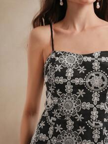 Anewsta Elegant Embroidery Long Slip Dress For Women, Spring/Summer, Floral, Beach Vacation - Black and White - View 1