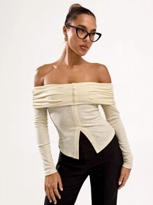 SHEIN BAE Women Off Shoulder Front Button Long Sleeve Minimalist Top - Apricot - View 3