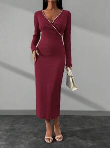 RueChic Embellished Pearl Detailed Beige V Neck Long Dress - Burgundy - View 6