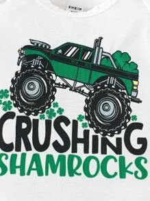 圣帕特里克节卡通汽车印花短袖婴儿连体衣，面料柔软舒适，适合度假、旅行、上学、日常聚会、春夏季假期和庆祝活动