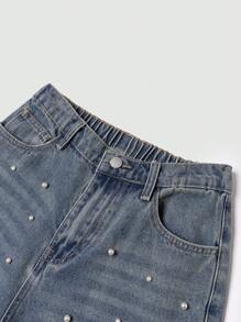 SHEIN Tienermeisjes Witte kralen Vintage Blauwe Losse Rechte Jeans