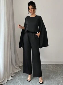 SHEIN Unity 2 件套女士优雅圆领开衩袖衬衫和基本款，秋冬 - 黑色 - 查看 3
