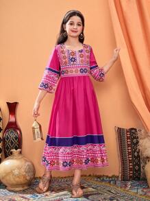 Tween Girl Casual Elegant Rose Red Floral Print Dress, Suitable For Outings, Gatherings - Hot Pink - View 4