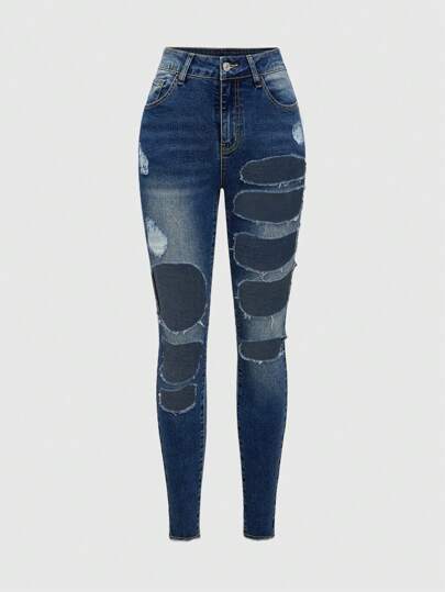 Grunge Punk Jeans skinny à la cheville pour femmes avec broderie croisée, poches et détails déchirés