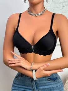 Lace Splicing Thin Cup Unlined Wire Smooth Push-Up Minimizer Bra