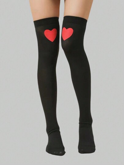 Goth 1 Paar Overknee-Strümpfe für Damen mit Herz-Muster in Rot, schwarz, geeignet für alle Jahreszeiten und Valentinstag