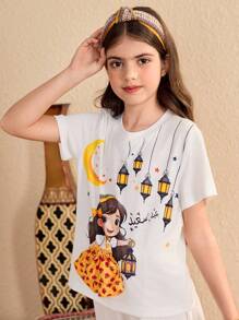 Tween Girl' 圆领短袖人物印花休闲 T 恤 - 白色 - 查看 3