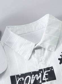 SHEIN Explorewe 青少年时尚条纹图案印花短袖休闲衬衫，夏季 - 白色 - 查看 5