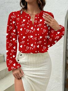 Glamance Carol Caju Women Red Blouses Long Sleeve Notched Casual Plain,All Over Print,Heart Summer Outfits For Women Summer Tops Going Out - Red - View 5