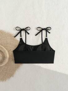 Women Summer Beach Vacation Solid Color Cute Tied Strap One Piece Swimwear Top - Black - View 5