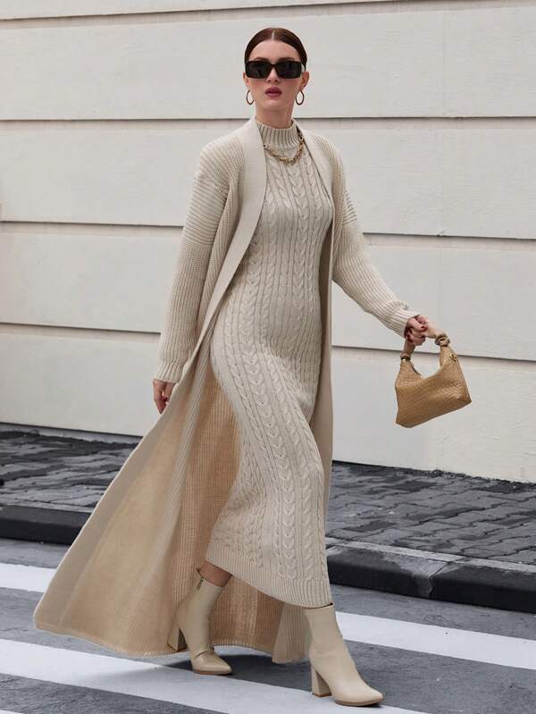 EURMUSE Vestido de suéter ajustado con cuello alto de unicolor y cárdigan extra largo, informal para otoño/invierno