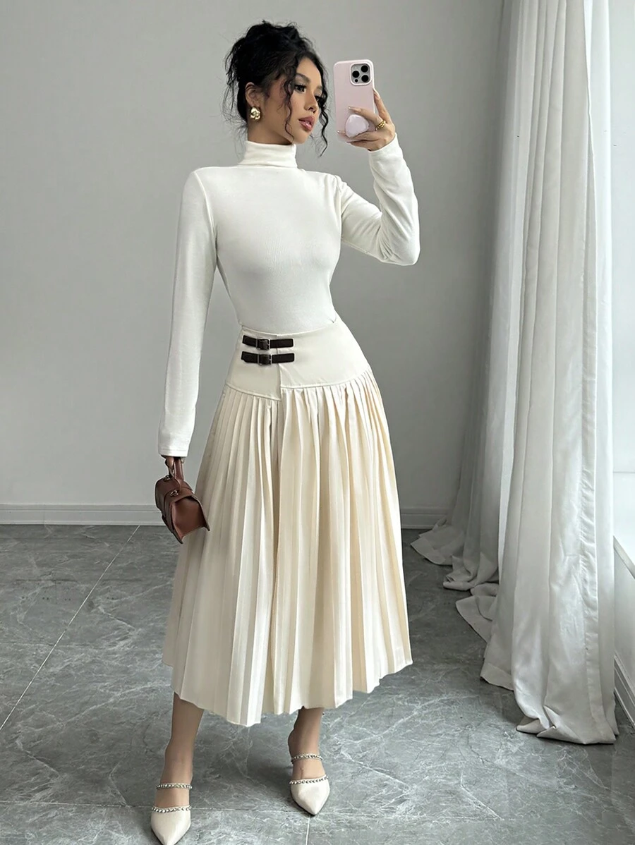 Chiquease Elegant Casual Fitted Pleated Skirt For Women