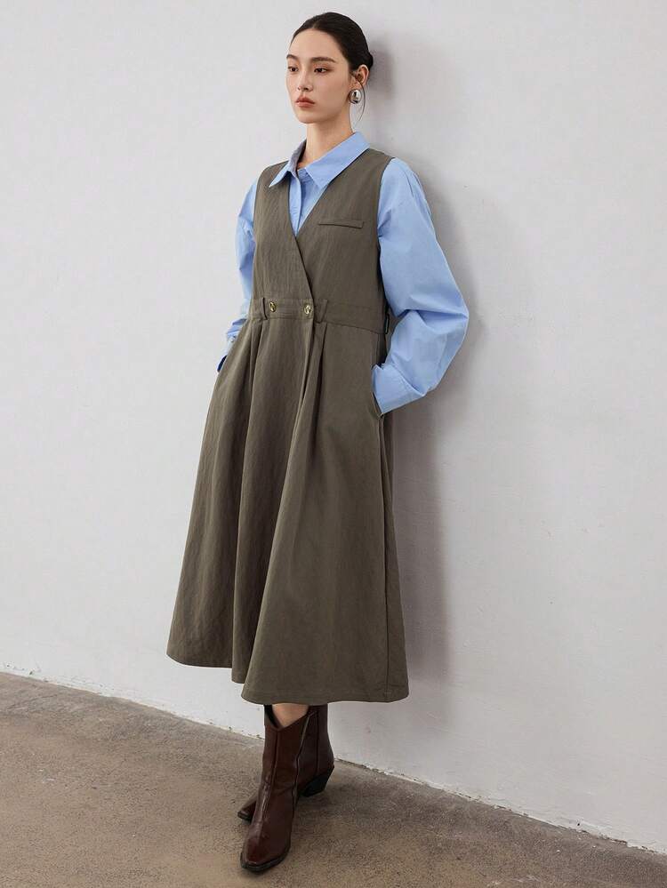 Women's Sleeveless Business Casual Cinched Waist Jumpsuit Dress With Suspenders Maxi Dress