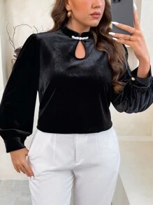 SHEIN Unity Damen Große Größen Elegante Mode Samt Stehkragen Perlknopf Dekor Wassertropfen Ausschnitt Gerüschte Puffärmel Bluse - Schwarz - Übersicht 5