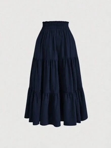 Mulvari Plus Size Solid Color Front Tie Pleated Waist Casual A-Line Skirt - Navy Blue - View 2