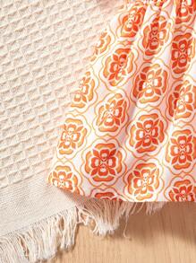 SHEIN Leap Crew Baby Girl Summer Cute Floral Print Ruffle Top, Flare Pants, Mesh Scarf 3pcs Set - Orange - View 4