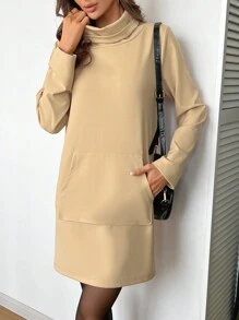 SHEIN LUNE Robe décontractée pour femmes à col roulé, manches longues, avec poches, de couleur unie - Kaki - Voir 1