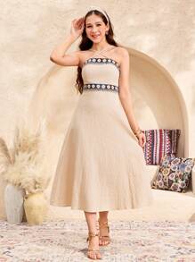 SHEIN 少女两件套：金色/米色奢华纯色梭织拼接无袖 A 字裙 + 中袖夹克，波西米亚风，优雅复古风格