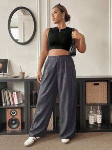 SHEIN Unity Plus Size Women Elegant Loose Embossed Wide Leg Pants Winter Fall Autumn - Dark Grey - View 8