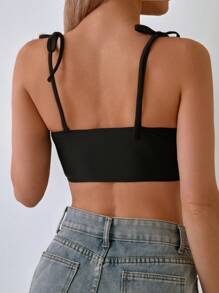 Women Summer Beach Vacation Solid Color Cute Tied Strap One Piece Swimwear Top - Black - View 2