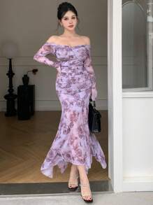 DAZY 网眼连衣裙全身花朵露肩扭纹女式中长连衣裙花卉、婚礼连衣裙、秋季连衣裙长袖连衣裙 - 紫色 - 查看 8