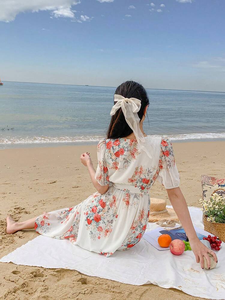 Women's V-Neck Floral Print Puff Sleeve Mid-Calf Slit Dress