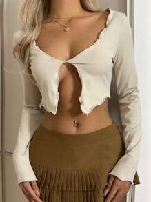 Comfortcana Casual Simple Solid Color Long Sleeve Split Hem Cropped T-Shirt - Apricot - View 4