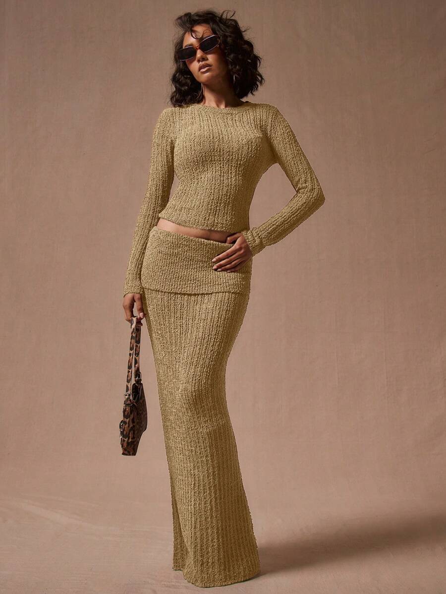 MUSERA 翻折腰针织长款毛衣裙 Y2K 休闲可爱 90 年代阳光风 - 杏色 - 查看 1