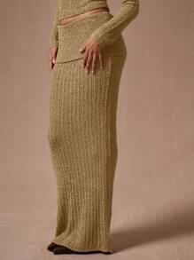 MUSERA 翻折腰针织长款毛衣裙 Y2K 休闲可爱 90 年代阳光风 - 杏色 - 查看 3