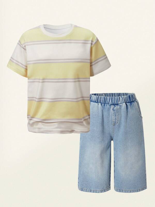 SHEIN 2pcs/Set Boys Striped Short Sleeve T-Shirt And Denim Knee-Length Shorts Outfit, Summer Fashion Denim Clothes Set