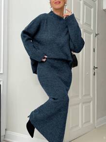 EURMUSE Women Sweater And Skirt Elegant Sweater Co-Ords Set Pullover And Maxi Skirt - Grey - View 5