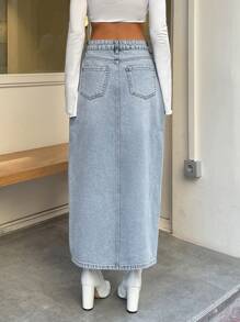 Cottnline 100% Cotton BUTTON DETAIL MIDI DENIM SKIRT LIGHT BLUE - Light Wash - View 2