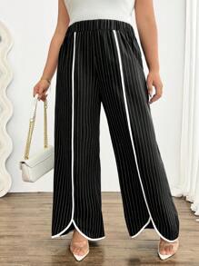 Celure Contrast Color Striped Loose Flare Leg Plus Size Women Casual Pants, Elegant For Commuting