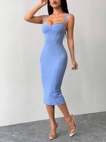 SHEIN PETITE 开叉后背紧身蓝色修身胸罩杯中长连衣裙 - 藍色 - 查看 6