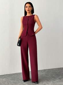 SHEIN PETITE Women's Solid Color Round Neck Single-Breasted Vest And Pants Elegant Commuter Suit, Summer Fall Women Clothes Women Set Office Wear Business Casual Women Two Pieces Outfits Fall Women Office Wear Women Set Women Blazers Set