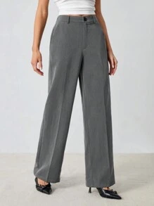 SHEIN Tall 春夏纯色深灰色高腰西装直筒裤