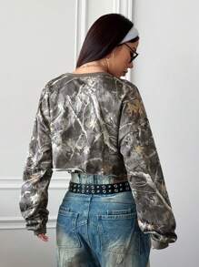 StreetHx Streetwear Women Spring Withered Leaf Print Design Long Sleeve Sweatshirt - Army Green - View 2