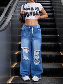 SHEIN 适合少女的时尚破洞阔腿休闲直筒牛仔裤，百搭 - 深色水洗藍 - 查看 4