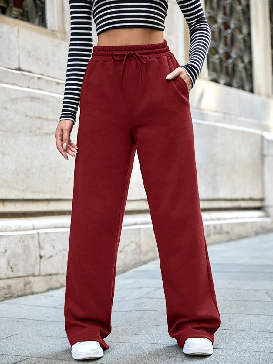 SHEIN Tall Cottnline Pocket Drawstring Sweatpants Simple Fashionable Daily Casual - Burgundy - View 1