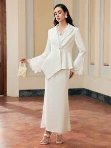 ZEYLAH WOMEN'S CONTRAST LACE ASYMMETRICAL HEM BLAZER - White - View 7