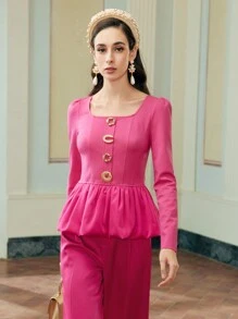 ZEYLAH BLUS LENGAN PANJANG WANITA DENGAN KANCING DEPAN DAN MODEL PEPLUM - Hot Pink - View 7