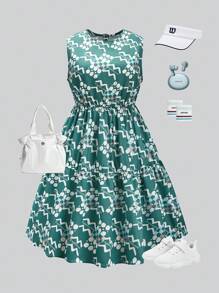 SHEIN 1pc Teenage Girls Light Blue Casual Dress - Lime Green - View 1