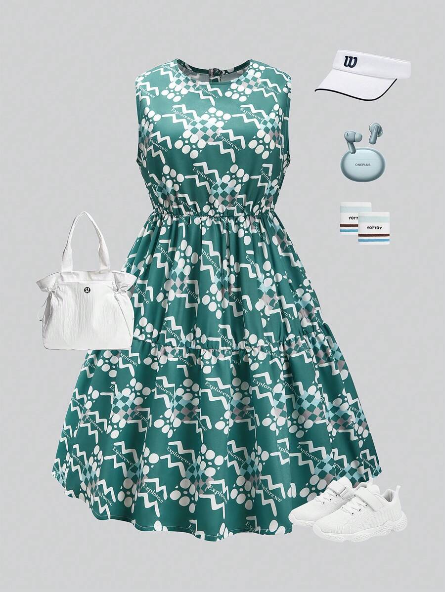 SHEIN 1pc Teenage Girls Light Blue Casual Dress - Lime Green - View 1